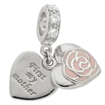 Lavish by TJM Pink Enamel & Cubic Zirconia "First my Mother" Double Heart Charm