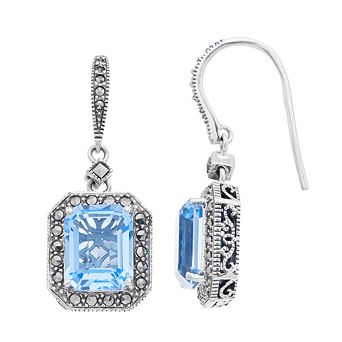Lavish by TJM Sterling Silver Octagon Cut Lab Created Blue Quartz & Marcasite Earwire Earrings