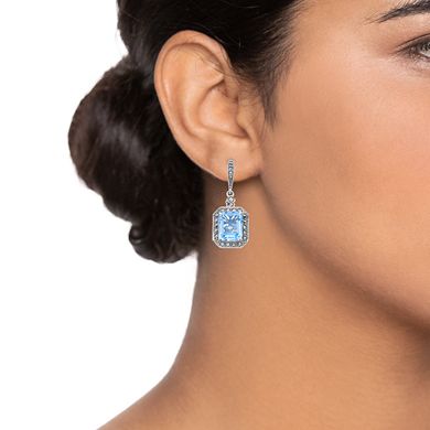 Lavish by TJM Sterling Silver Octagon Cut Lab Created Blue Quartz & Marcasite Earwire Earrings