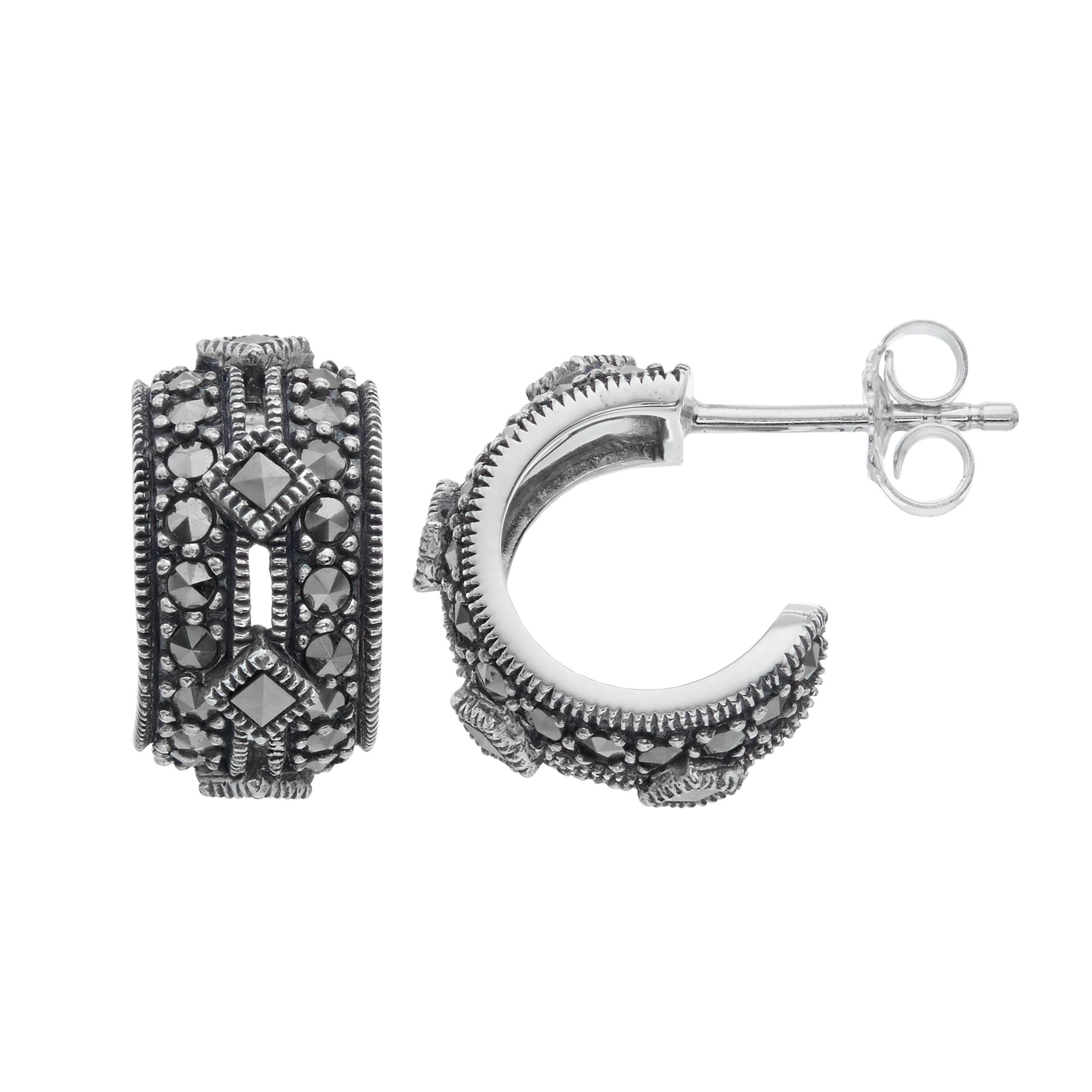 Lavish by TJM Sterling Silver Marcasite Semi Huggie Post Earrings, Womens