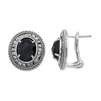 Lavish by TJM Sterling Silver Black Onyx & Marcasite Oval Omega Earrings