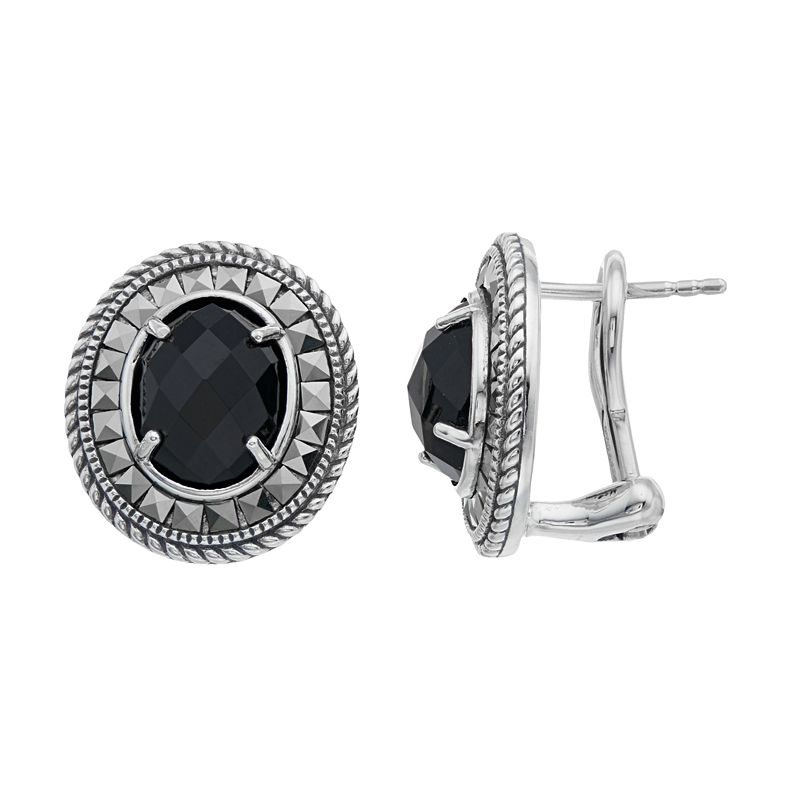 Lavish by TJM Sterling Silver Black Onyx & Marcasite Oval Omega Earrings, W