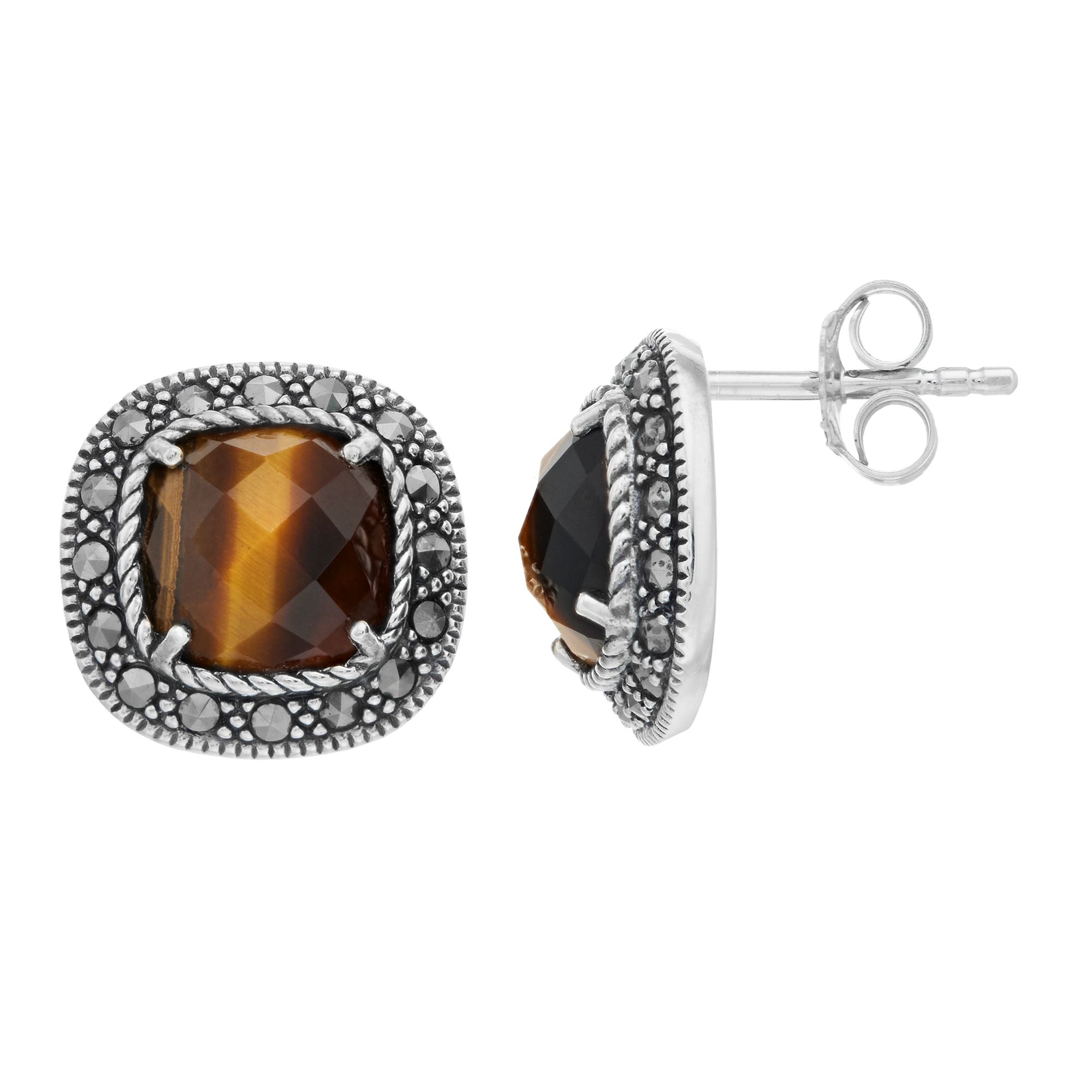 Lavish by TJM Sterling Silver Tigers Eye & Marcasite Cushion Post Earrings