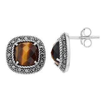 Lavish by TJM Sterling Silver Tiger's Eye & Marcasite Cushion Post Earrings