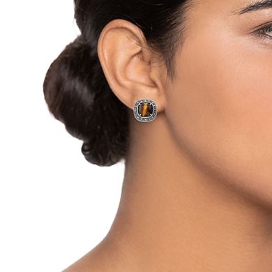 Lavish by TJM Sterling Silver Tiger Eye & Marcasite Cushion Post Earrings