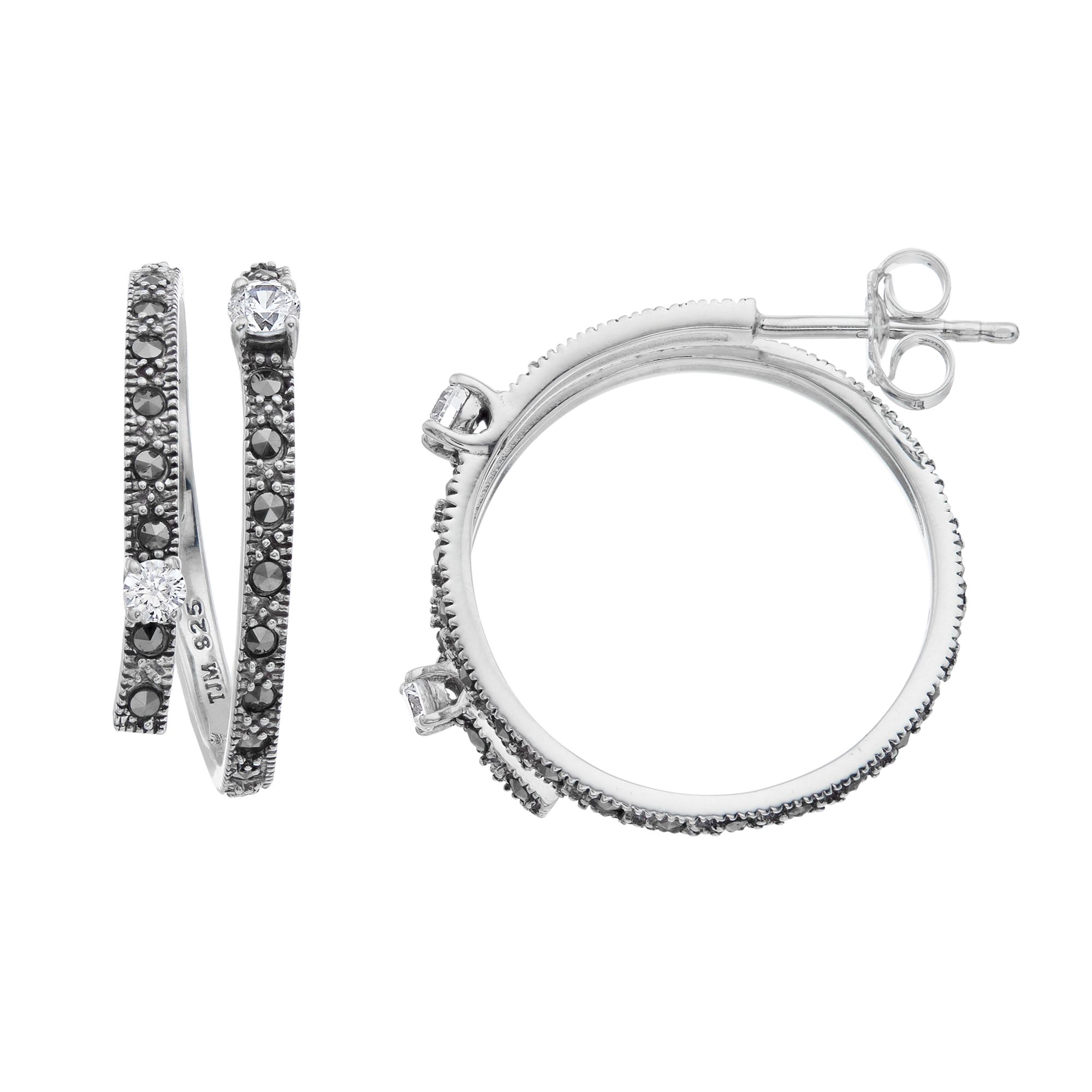 Lavish by TJM Sterling Silver Cubic Zirconia & Marcasite Double Row Hoop Ea