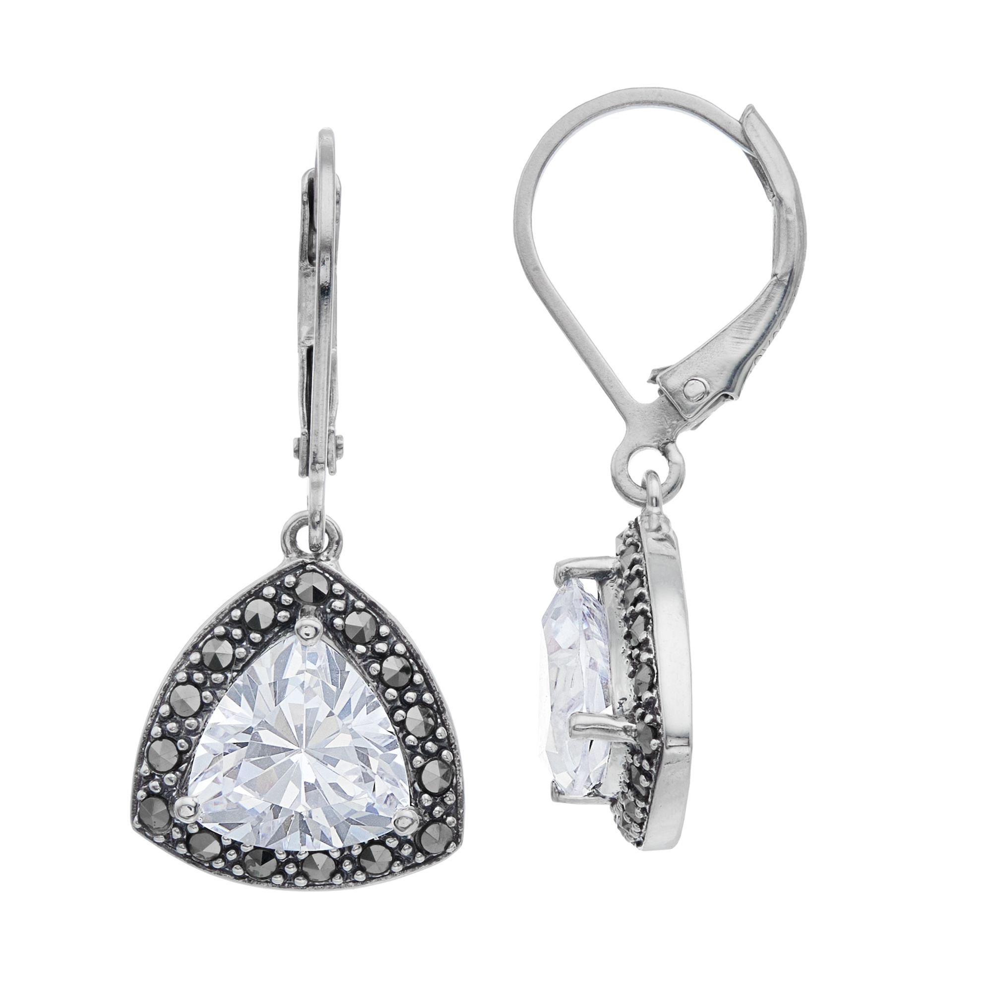 Lavish by TJM Sterling Silver Trillion Cut Cubic Zirconia & Marcasite Lever