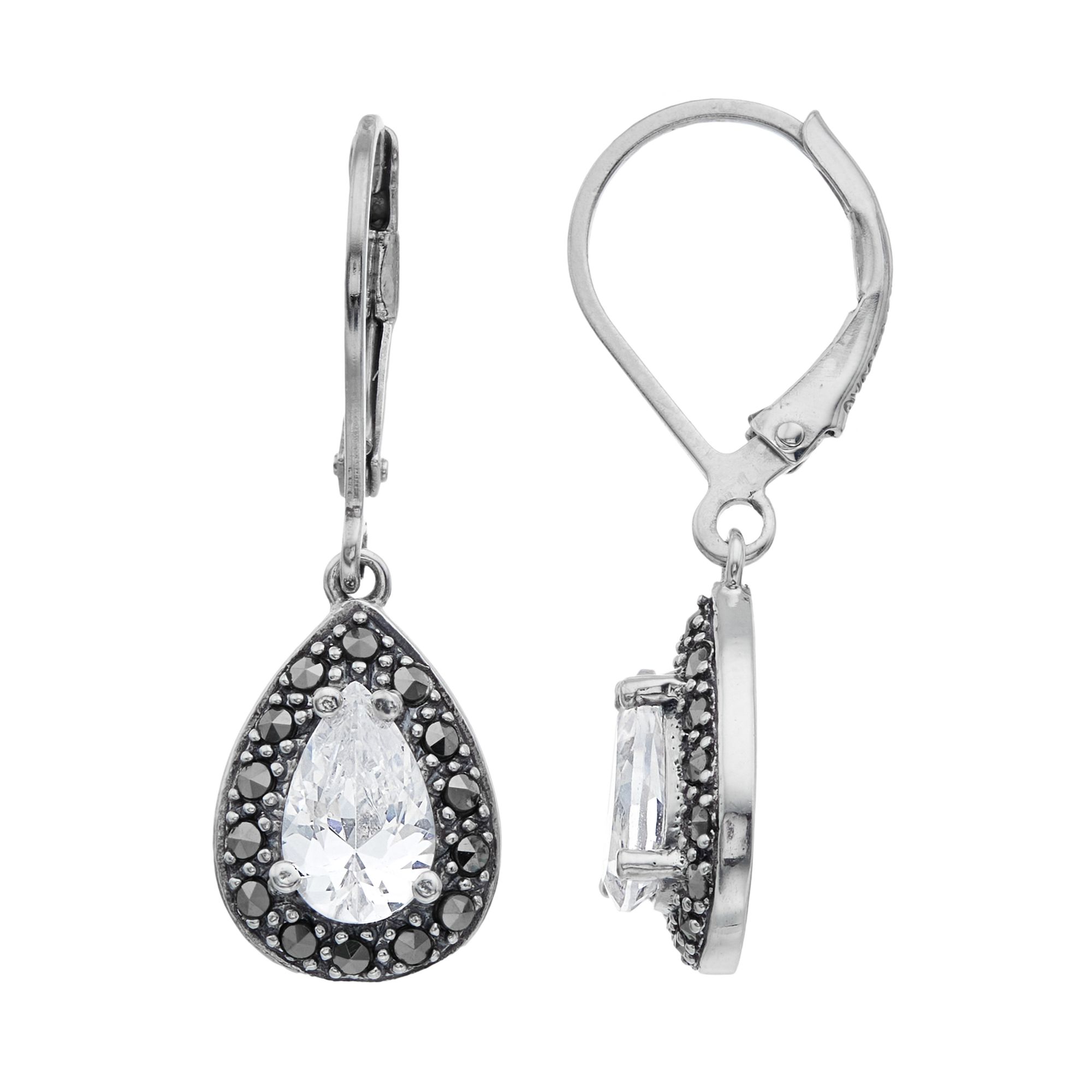 Lavish by TJM Sterling Silver Cubic Zirconia & Marcasite Teardrop Leverback