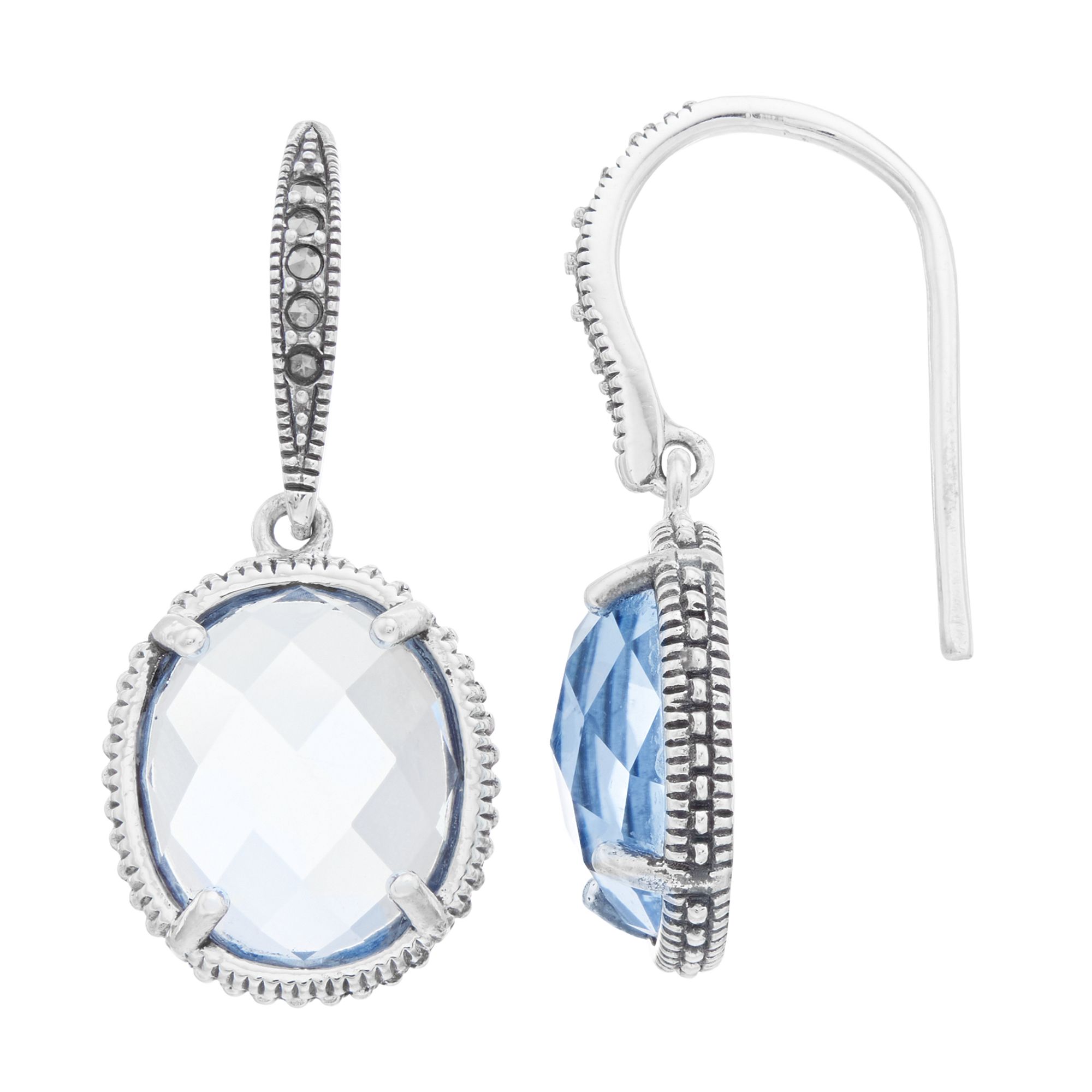 Lavish by TJM Sterling Silver Oval Lab Created Blue Quartz & Marcasite Earw