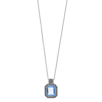 Lavish by TJM Sterling Silver Octagon Cut Lab Created Blue Quartz & Marcasite Pendant Necklace