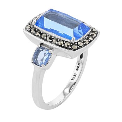 Lavish by TJM Sterling Silver Lab Created Blue Quartz & Marcasite Ring