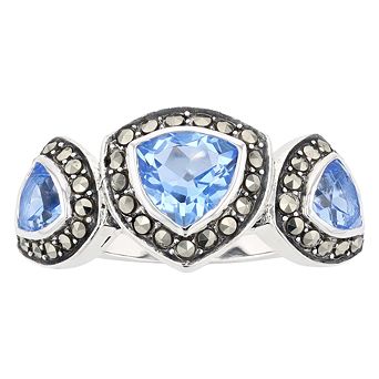 Lavish by TJM Sterling Silver Trillion Cut Lab Created Blue Quartz & Marcasite Ring