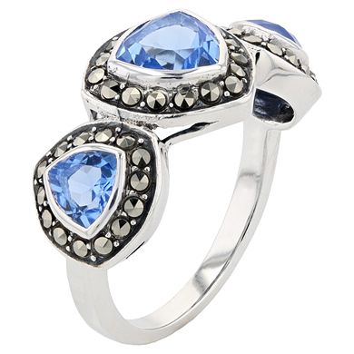 Lavish by TJM Sterling Silver Trillion Cut Lab Created Blue Quartz & Marcasite Ring