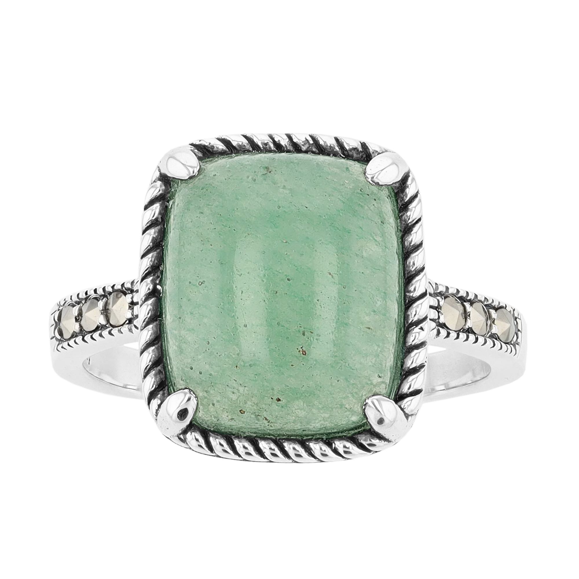 Lavish by TJM Sterling Silver Green Aventurine & Marcasite Cushion Ring, Wo