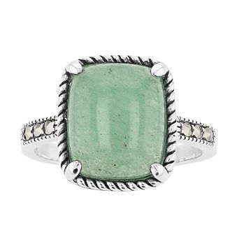 Lavish by TJM Sterling Silver Green Aventurine & Marcasite Cushion Ring