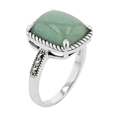 Lavish by TJM Sterling Silver Green Aventurine & Marcasite Cushion Ring