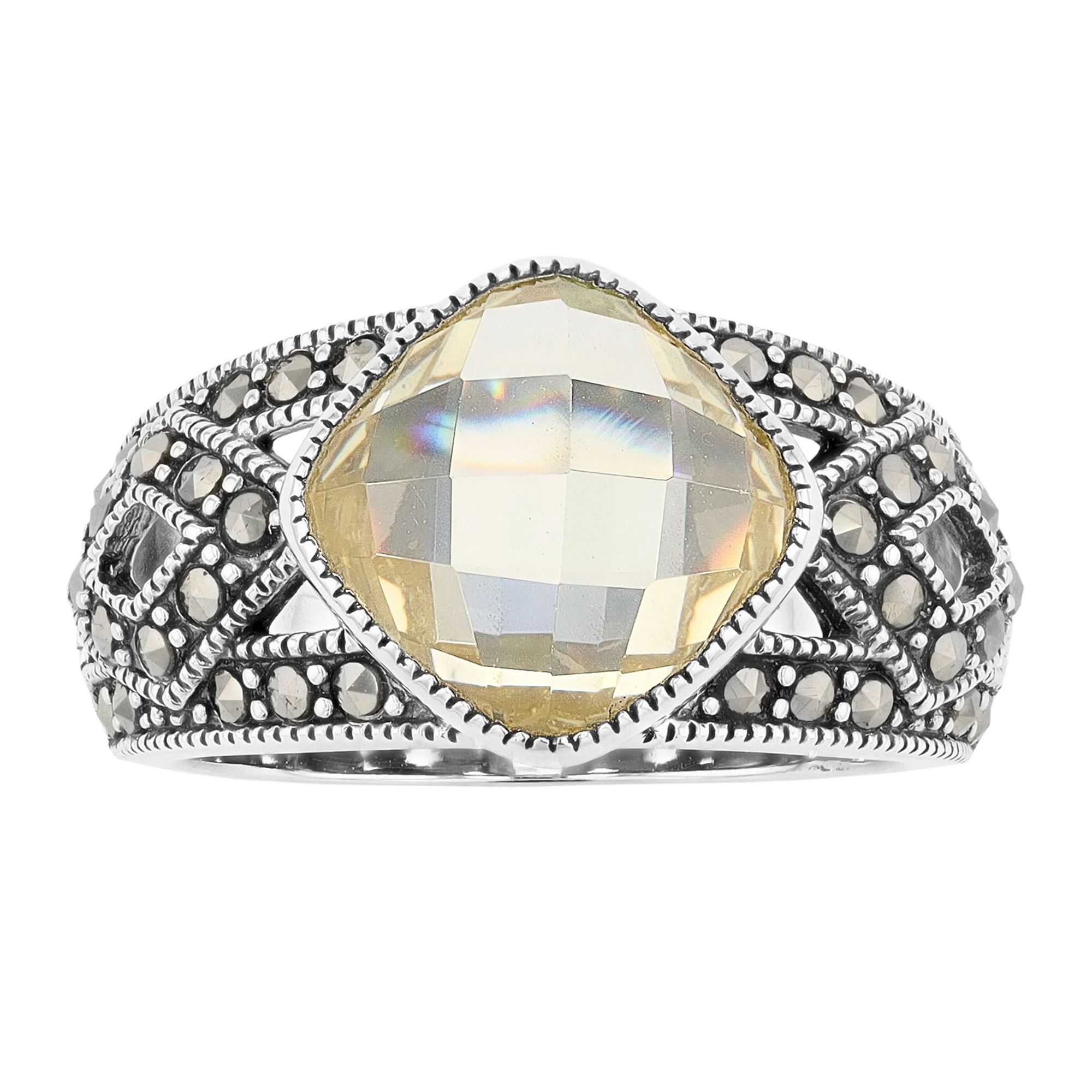 Lavish by TJM Sterling Silver Canary Cubic Zirconia & Marcasite Cushion Rin