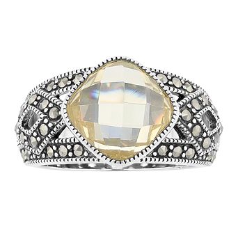 Lavish by TJM Sterling Silver Canary Cubic Zirconia & Marcasite Cushion Ring