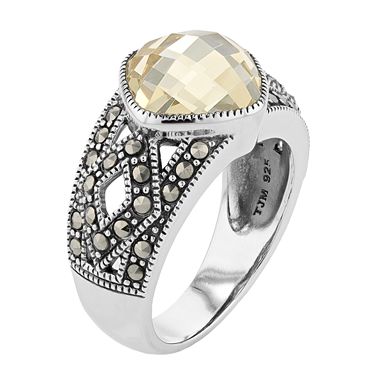 Lavish by TJM Sterling Silver Canary Cubic Zirconia & Marcasite Cushion Ring