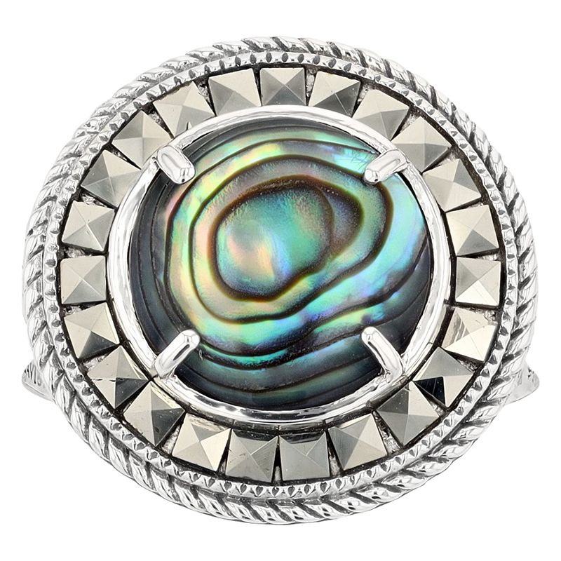 Lavish by TJM Sterling Silver Cabochon Cut Abalone & Marcasite Disc Ring, W