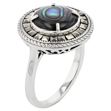 Lavish by TJM Sterling Silver Cabochon Cut Abalone & Marcasite Disc Ring