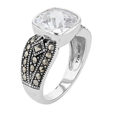 Lavish by TJM Sterling Silver Cushion White Cubic Zirconia & Marcasite Ring