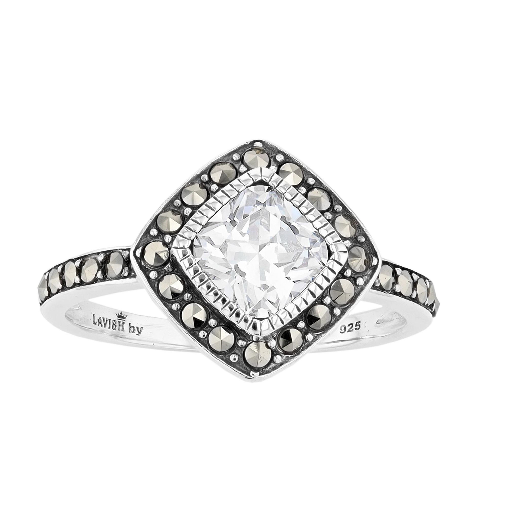 Lavish by TJM Sterling Silver Cushion White Cubic Zirconia & Marcasite Ring