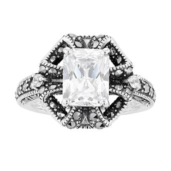 Lavish by TJM Sterling Silver Octagon White Cubic Zirconia & Marcasite Ring