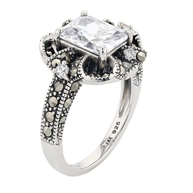 Lavish by TJM Sterling Silver Octagon White Cubic Zirconia & Marcasite Ring