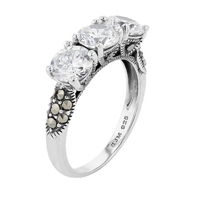 Lavish by TJM Sterling Silver White Cubic Zirconia & Marcasite 3-Stone Ring