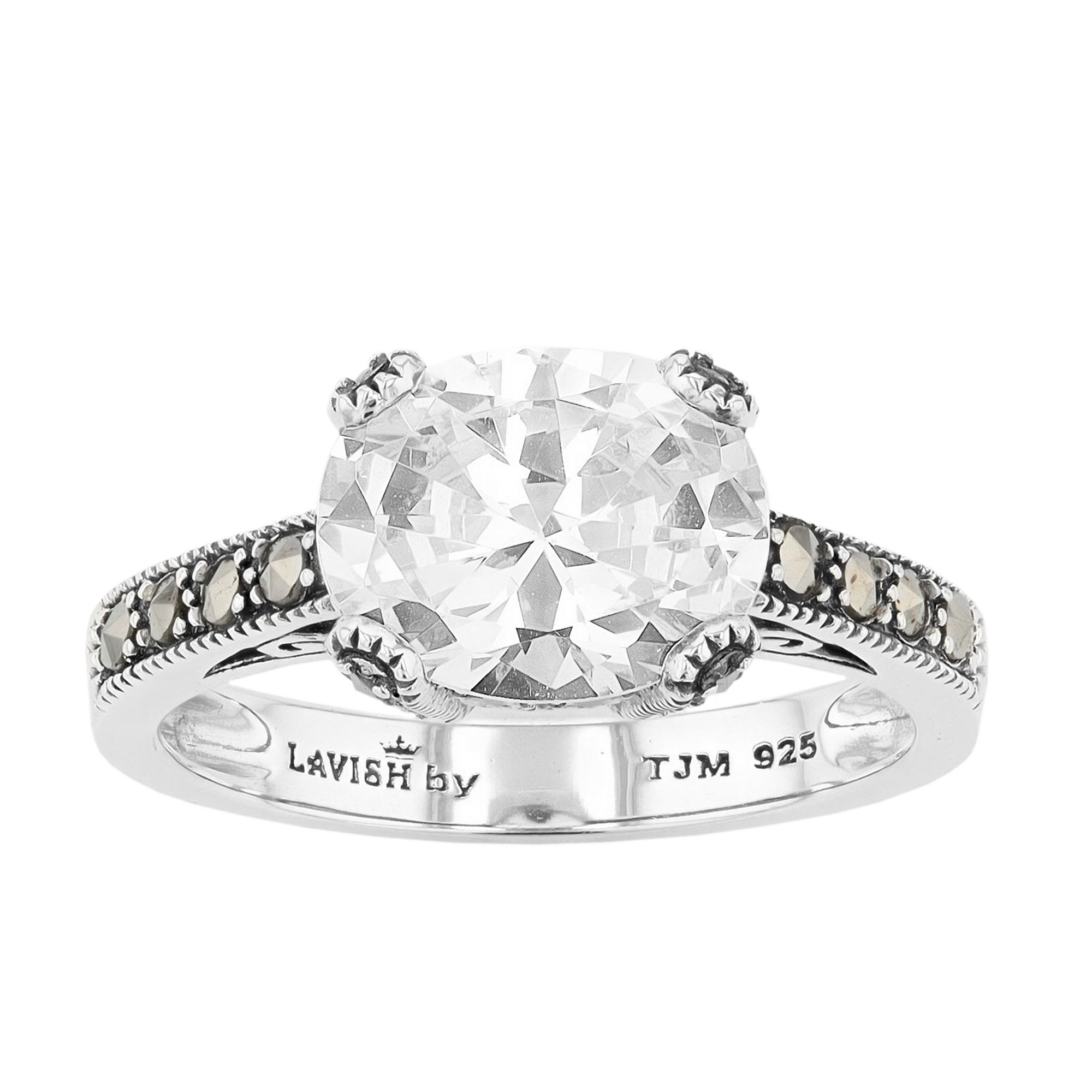 Lavish by TJM Sterling Silver Oval White Cubic Zirconia & Marcasite Ring, W