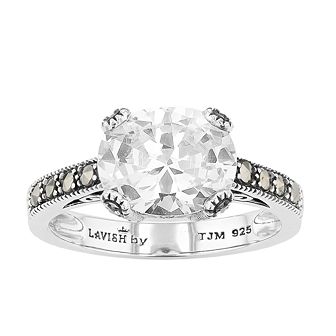 Lavish by TJM Sterling Silver Oval White Cubic Zirconia & Marcasite Ring