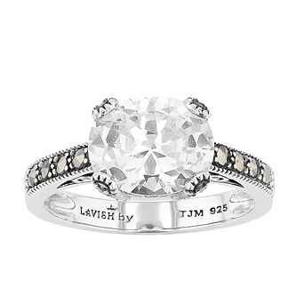 Lavish by TJM Sterling Silver Oval White Cubic Zirconia & Marcasite Ring