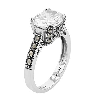 Lavish by TJM Sterling Silver Oval White Cubic Zirconia & Marcasite Ring