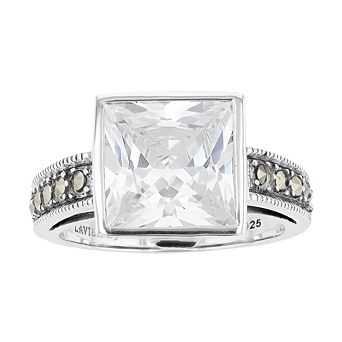 Lavish by TJM Sterling Silver Square White Cubic Zirconia & Marcasite Ring