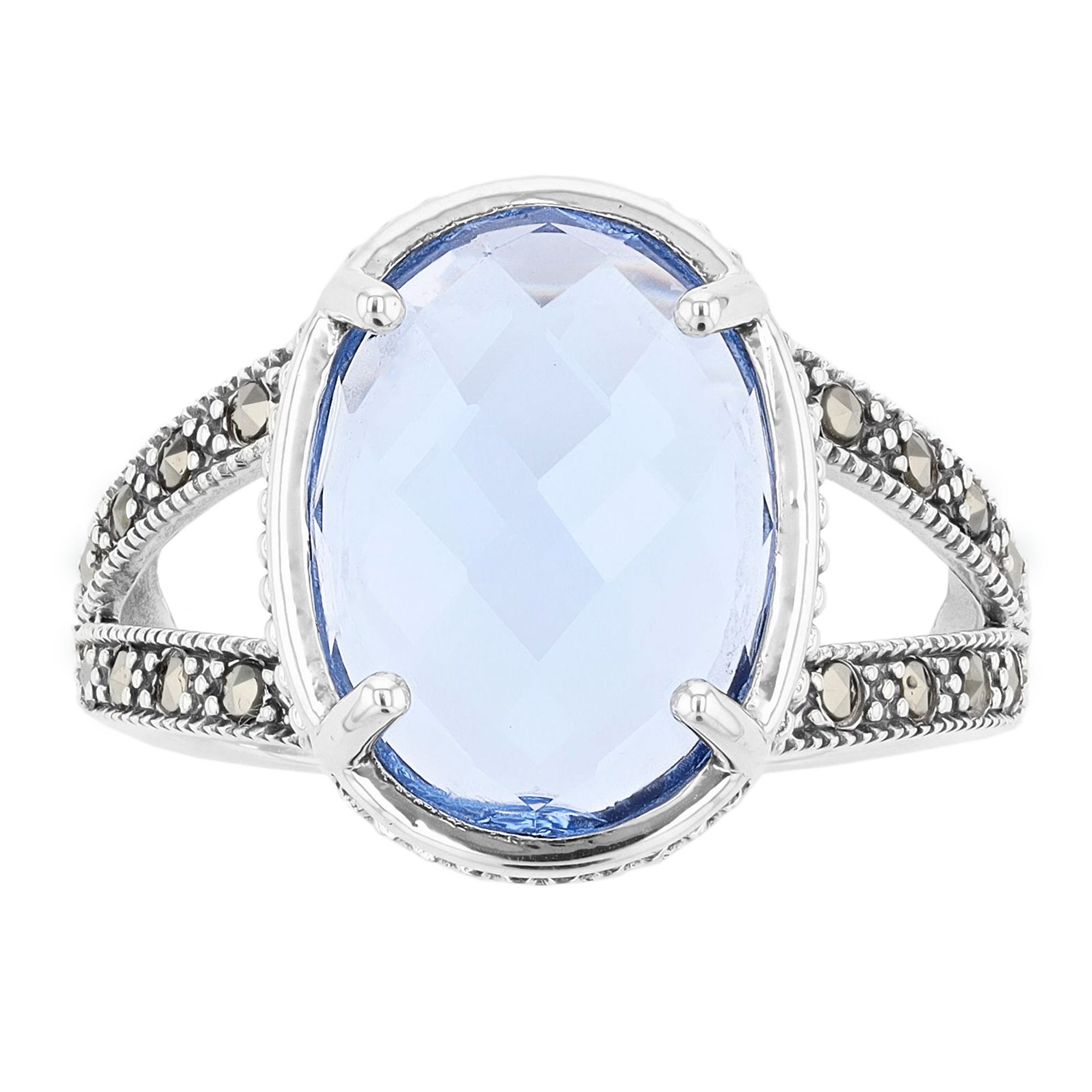 Lavish by TJM Sterling Silver Oval Synthetic Blue Quartz & Marcasite Ring, 