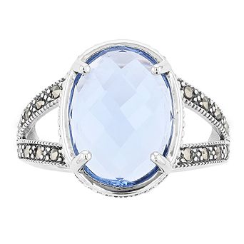 Lavish by TJM Sterling Silver Oval Synthetic Blue Quartz & Marcasite Ring