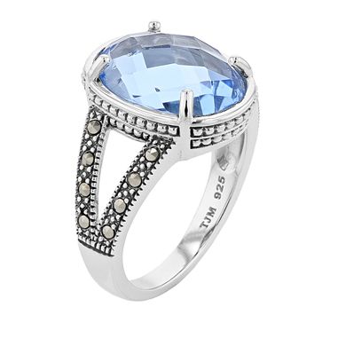 Lavish by TJM Sterling Silver Oval Synthetic Blue Quartz & Marcasite Ring