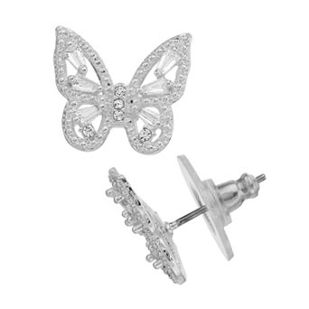 Silver Tone Cubic Zirconia & Crystal Butterfly Stud Earrings