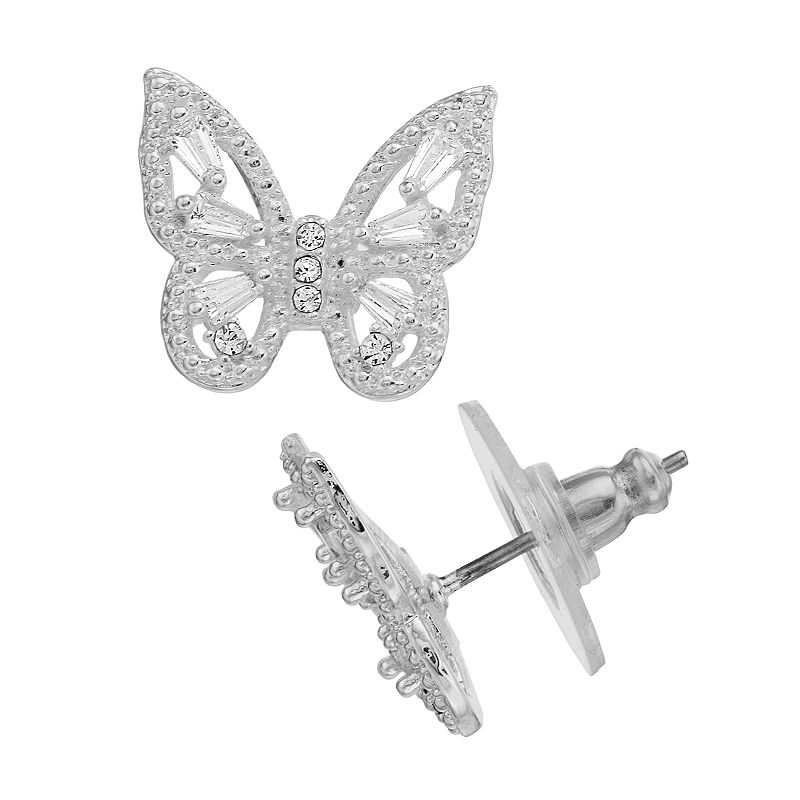 Silver Tone Cubic Zirconia & Crystal Butterfly Stud Earrings, Womens, Whit