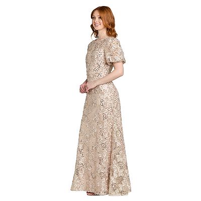 R & M Richards Petite Long Ribbon Soutache Lace and Sequin Ball Gown - Champagne - Size 6P