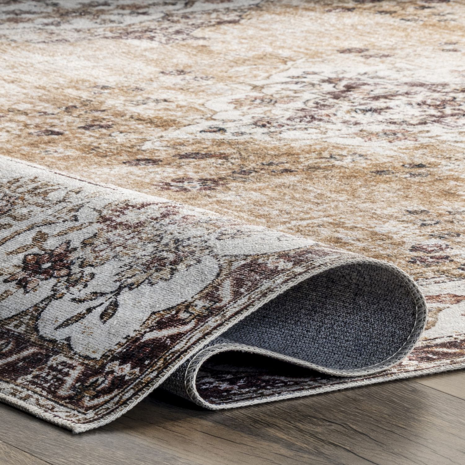NuLOOM Läufer Teppich 60x200 Cm | Maschinenwaschbar Mit Blumen-Bordüre | Beige, Rutschfest & Pflegeleicht