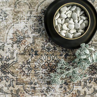 nuLoom Paisley Machine Washable Faded Floral Border Medallion Area Rug