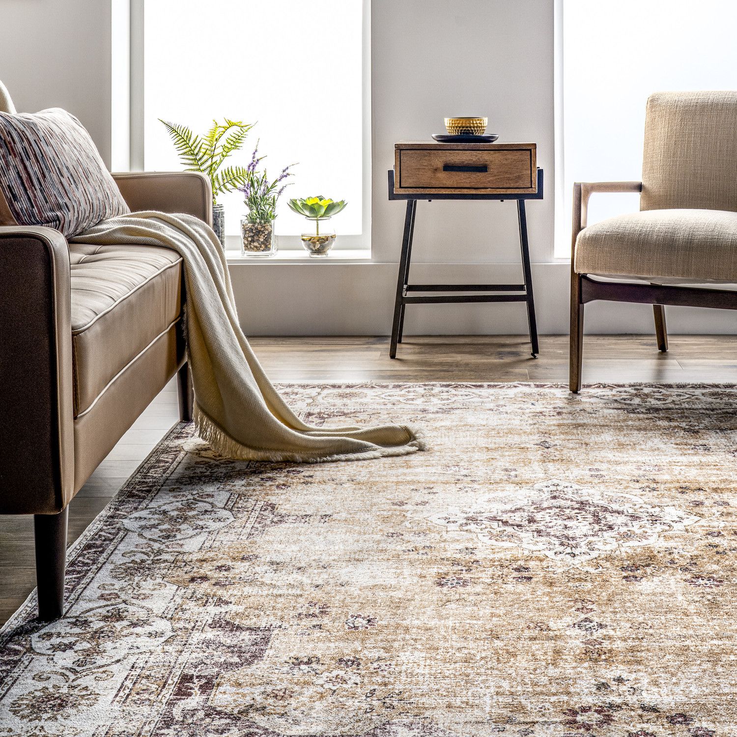 NuLOOM Läufer Teppich 60x200 Cm | Maschinenwaschbar Mit Blumen-Bordüre | Beige, Rutschfest & Pflegeleicht