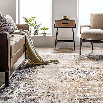 nuLoom Paisley Machine Washable Faded Floral Border Medallion Area Rug