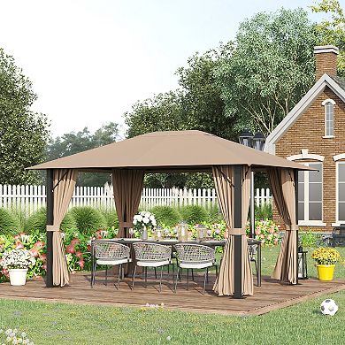 Patio Gazebo Outdoor Canopy Shelter W/ Vented Roof, Curtains Brown