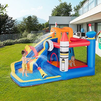 Outsunny 5 in 1 Kids Inflatable Bounce House Space Theme Jumping Castle Includes Slide Trampoline Pool Water Gun Climbing Wall with Carry Bag Repair Patches and Air Blower