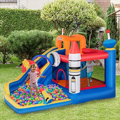 Outsunny 5 in 1 Kids Inflatable Bounce House Space Theme Jumping Castle Includes Slide Trampoline Pool Water Gun Climbing Wall with Carry Bag Repair Patches and Air Blower