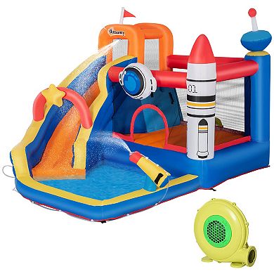 Outsunny 5 in 1 Kids Inflatable Bounce House Space Theme Jumping Castle Includes Slide Trampoline Pool Water Gun Climbing Wall with Carry Bag Repair Patches and Air Blower