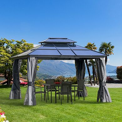 10' X 10' Patio Gazebo, Netting Curtains, Aluminum Frame, 2 Tier Pc Roof, Grey